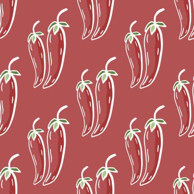 Kırmızı arka planda kırmızı acı biberli kusursuz desen. Kırmızı biberlerin vektör çizimi. Mutfağın için arka plan.