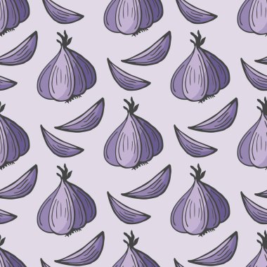 Sarımsaklı kusursuz bir desen. Mutfağınız için hafif bir arka plan. Sebze geçmişi. Organik yiyecekler.