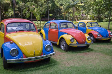 Brumadinho, Brezilya - 7 Kasım 2015: Troca-Troca'nın Renkli arabaları Jarbas Lopes tarafından Inhotim Public Contemporary Art Museum - Brumadinho, Minas Gerais, Brezilya