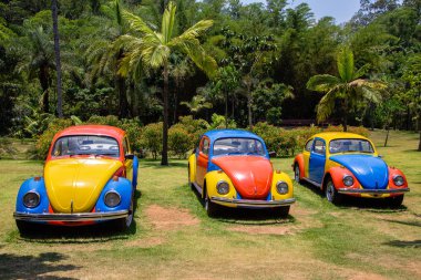 BRUMADINHO, BRAZIL - November 7, 2015: Colored cars of Troca-Troca by Jarbas Lopes at Inhotim Public Contemporary Art Museum - Brumadinho, Minas Gerais, Brazil clipart