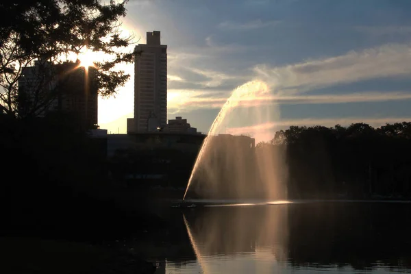 Parc avec lac et fontaine et ville en arrière-plan — Photo