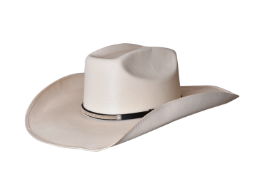 Beyaz arka planda siyah kurdeleli kovboy şapkası hasır şapka kadınlar ve erkekler için hasır şapka.