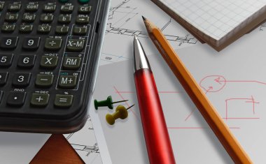 kalem, kalem ve defter ile hesap makinesi