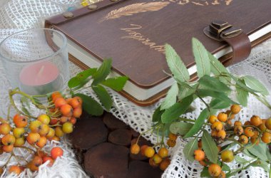 kitap mumlar ve kırmızı rowan dalları ile yumuşak dokular üzerinde yatıyor