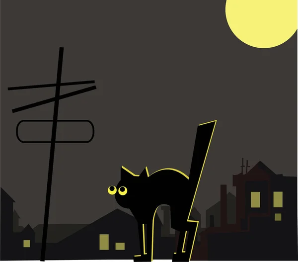 Черная Кошка Крыше Ночью Луной — стоковое фото