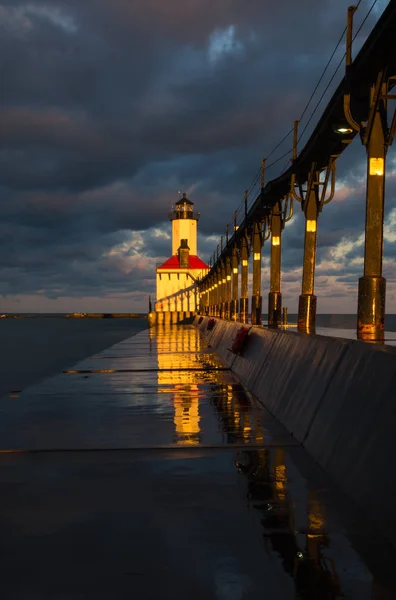 Michigan City Lighthouse at sunrise.  Michigan City, Indiana, USA
