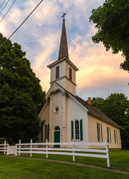 St. Peter\'s Danish Evangelical Lutheran Church (Old Danish Church) at sunset.  Build in 1880 is the oldest Danish Evangelical Lutheran church in America.   Sheffield, Illinois, USA