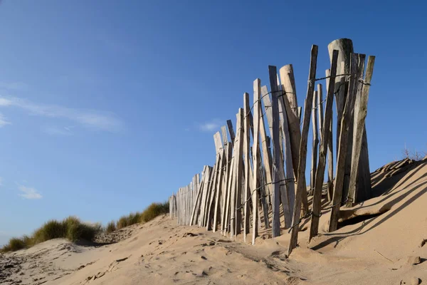 Denizin Formby Beach, İngiltere'de önde gelen eski ahşap çit.