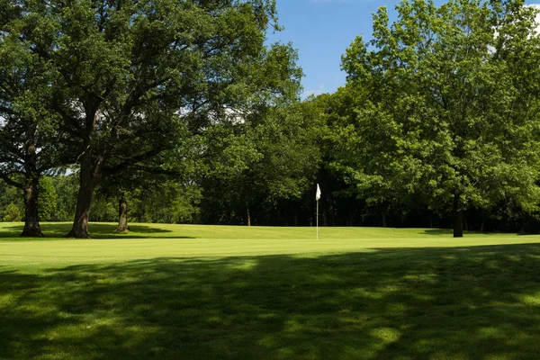 Słońce Świeci Putting Green Białą Flagą Cieniu Drzewa — Zdjęcie stockowe