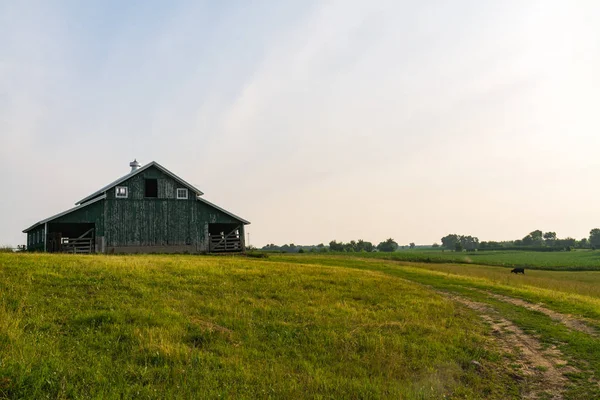 Kırsal çiftlik emekliye eski ahır ile bir yaz sabahı. Millbrook, Illinois, ABD