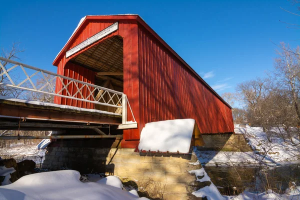 Puente Cubierto Rojo Princeton Illinois Una Mañana Invierno — Foto de Stock