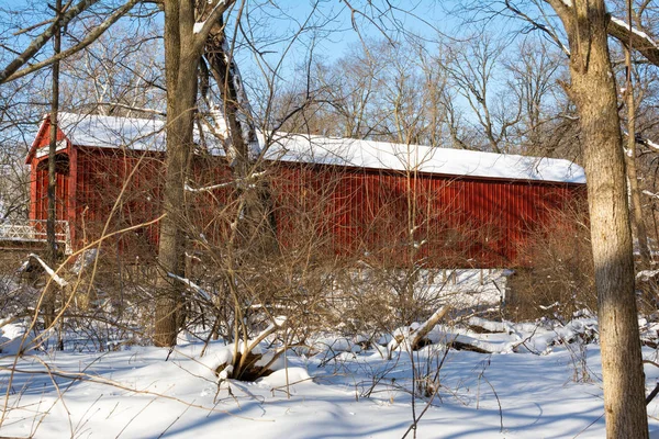 Puente Cubierto Rojo Princeton Illinois Una Mañana Invierno — Foto de Stock