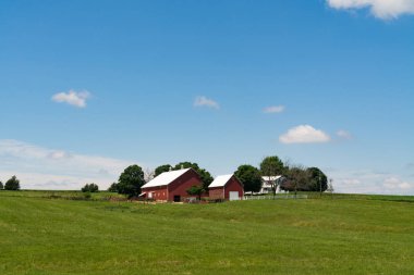 Ahır ve çiftlik çim üzerinde hillside kaplı. Ogle County, Illinois, ABD
