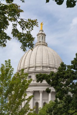 Wisconsin Eyaleti Meclis Binası mavi gökyüzü ve bulutlar arka planda bina. Madison, Wisconsin, ABD