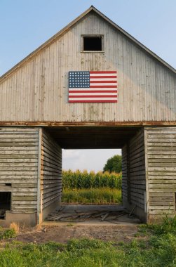 Midwest boyalı Amerikan bayrağı ile eski rustik ahırda. LaSalle, Illinois, ABD