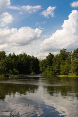 # Mavi gökyüzü ve bulutlar Dupage Nehri bir yaz sabahı. Channahon State Park, Illinois, ABD