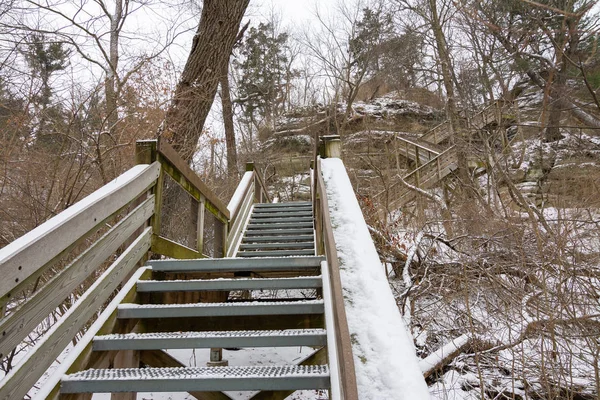 Stairs leading to the lodge on a Winter morning.  Starved Rock State Park, Illinois, USA