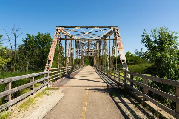 Viejo Puente Oscilante Largo Del Sendero Centenario Romeoville Illinois Estados — Foto de Stock