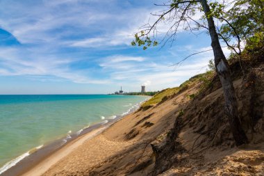 Kum tepeciği Michigan Gölü kıyılarında buluşuyor. Indiana Dunes Ulusal Sahil Hattı