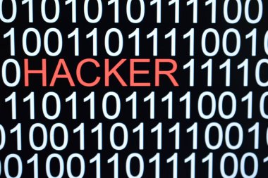 İkili kod numarası arkaplanı ve HACKER sözcüğünün kırmızı rengi  
