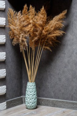 Ev dekoru olarak kurutulmuş sazlıklar. Minimalist iç mekan. Doğal bir iç mekan. Sazlıklarla dolu bir hayat. İç tasarım için çim