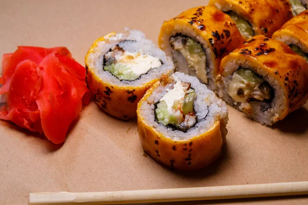 Set Sushi Many Types Roles Different Stuffing Sushi Menu Japanese — Stock Photo, Image