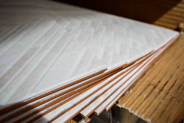 Banyoda seramik fayanslar yığını, kapalı duvarlar. Dairelerde kavramsal onarım, fayans döşeme, içeride onarım