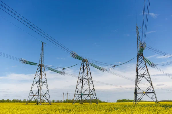 Power lines and high-voltage lines against the backdrop of blooming oilseed rape on a summer day. Green energy. Transmission of electricity by means of supports through agricultural areas.