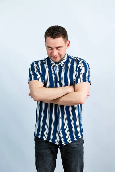 Portrait Young Man Striped Shirt White Background Stylish Guy Dressed — Stock Photo, Image