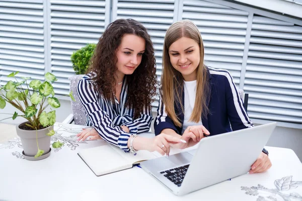 İki başarılı genç iş kadını yöneticisi bir dizüstü bilgisayar ve bir defterle bir masada oturmuş yeni bir geliştirme projesi üzerinde çalışıyor, bayan öğrenciler bilgisayarlarının çalışması üzerine bir rapor yazıyorlar.