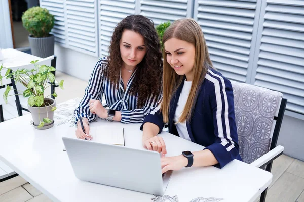 İki başarılı genç iş kadını yöneticisi bir dizüstü bilgisayar ve bir defterle bir masada oturmuş yeni bir geliştirme projesi üzerinde çalışıyor, bayan öğrenciler bilgisayarlarının çalışması üzerine bir rapor yazıyorlar.