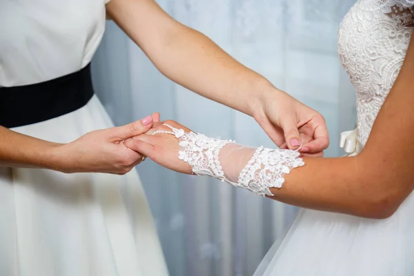 Bride Puts Wedding Jewelry Wedding Day — Stock Photo, Image