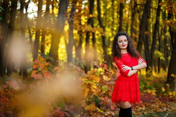 Girl Curls Red Dress Autumn Forest — Stock Photo, Image