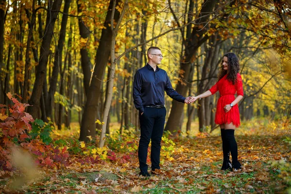 秋の森の中の美しいカップル — ストック写真
