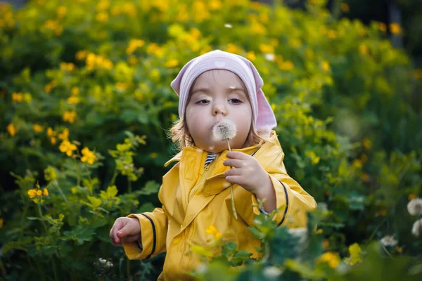 写真は幸せな子供の女の子が黄色のジャケットと白い帽子の牧草地で遊んで着て 花は子供と草に囲まれ 日没の間にフィールドで遊んでいます 幼少期の概念 — ストック写真