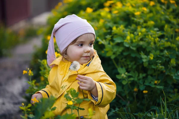 写真は幸せな子供の女の子が黄色のジャケットと白い帽子の牧草地で遊んで着て 花は子供と草に囲まれ 日没の間にフィールドで遊んでいます 幼少期の概念 — ストック写真