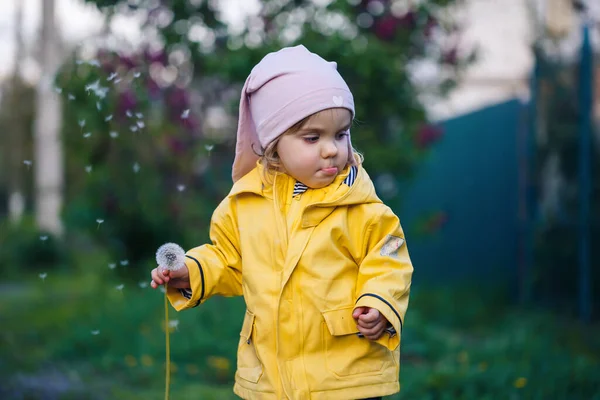 Pequena Menina Bonita Boné Rosa Uma Jaqueta Amarela Senta Campo — Fotografia de Stock