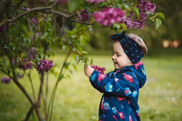 小さな女の子はライラックの緑豊かな茂みの近くに立って 彼女は笑顔と雪の紫色の花 — ストック写真