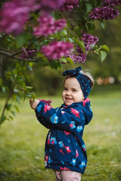 小さな女の子はライラックの緑豊かな茂みの近くに立って 彼女は笑顔と雪の紫色の花 — ストック写真