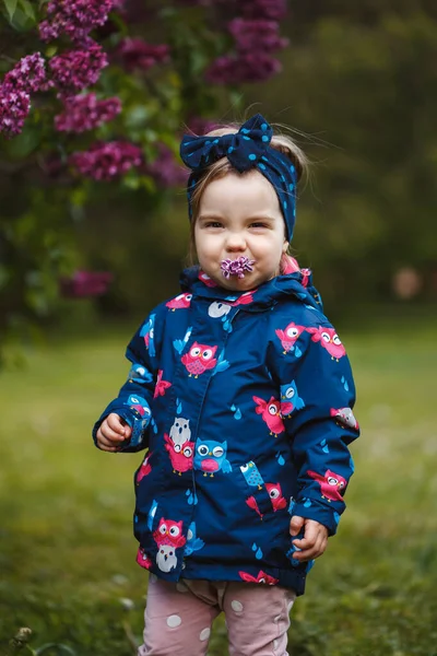 Küçük Bir Kız Leylak Çalılarının Yanında Duruyor Gülümsüyor Mor Çiçekleri — Stok fotoğraf