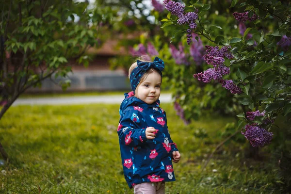 Egy Kislány Áll Egy Buja Csipkebokor Mellett Mosolyog Lila Virágokat — Stock Fotó