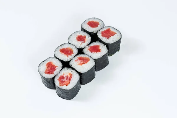 Comida Japonesa Rolos Com Peixe Vermelho Arroz Fresco Com Enguia — Fotografia de Stock