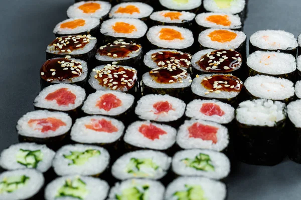 Japanese Food Rolls Ripe Avocado Red Fish Salmon Fresh Rice — Stock Photo, Image