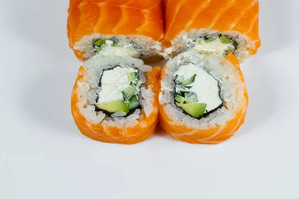 Sushi Rolls Philadelphia Classic Fresh Salmon Cream Cheese Japanese Traditional — Stock Photo, Image