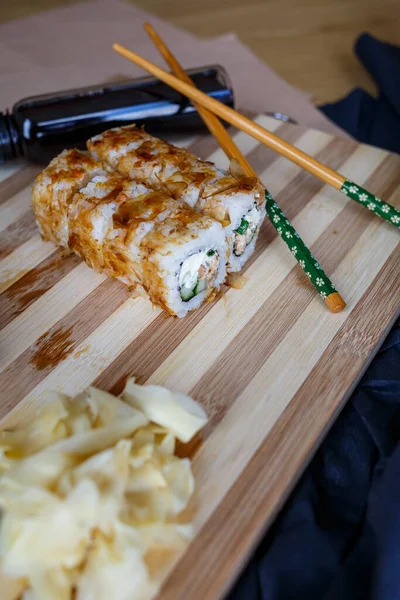 Sushi Set Different Types Rolls Sashimi Made Eel Salmon Tuna — Stock Photo, Image