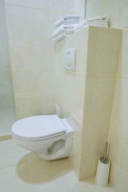 Parlak banyo, beyaz tuvalet, lavabo, ayna, duş.