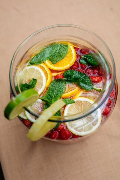Refreshing Lemonade Fresh Fruit Orange Lemon Cherry Mint Leaves Delicious — Stock Photo, Image