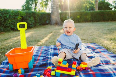 Neşeli bir çocuk piknik battaniyesinde oturuyor, canlı yapı taşları ve oyuncak arabasıyla çevrili, açık havada güneşli bir günün tadını çıkarıyor.