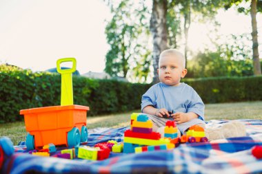 Güneşli bir bahçede kareli bir piknik battaniyesinde oturan neşeli bir çocuk neşeli yapı taşları ve parlak bir oyuncak kamyonla çevrili mutlu bir şekilde oyunla meşgul.