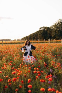 Rengarenk çiçeklerle çevrili canlı bir çiçek tarlasında huzurlu bir güzelliğin özünü yansıtan huzurlu bir günbatımı görüntüsü.